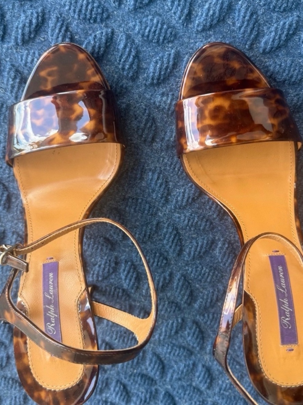 Ralph Lauren Tortoise-Pattern Ankle-Strap Sandals with Tan Footbed